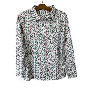 Seabreeze Hummingbird Print Long Sleeve Polo Shirt Size Med Athleisure White NEW